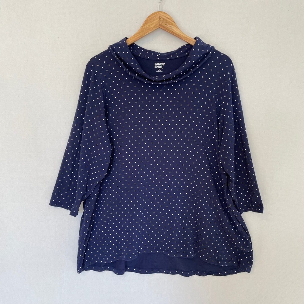 LANDS’ END Women’s Size 2X 20/22 Blue & White Polka Dot Soft Fold Cowl Neck Top